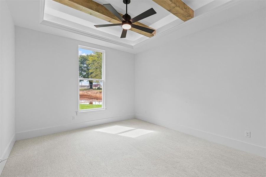 Unfurnished room with carpet, beam ceiling, a ceiling fan, and a raised ceiling