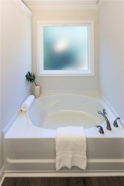 Bathroom featuring ornamental molding, a wealth of natural light, hardwood / wood-style flooring, and a bath