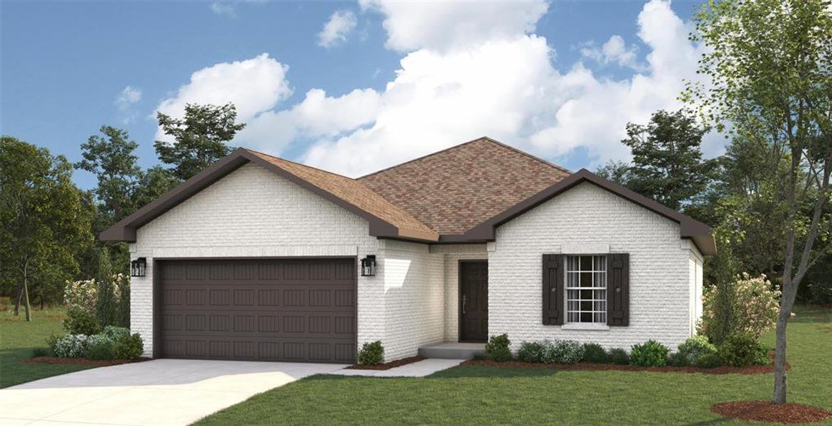 View of front of house featuring a garage and a front yard