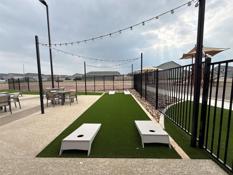 Outdoor amenity space featuring string lighting, artificial turf areas, and defined hardscaping