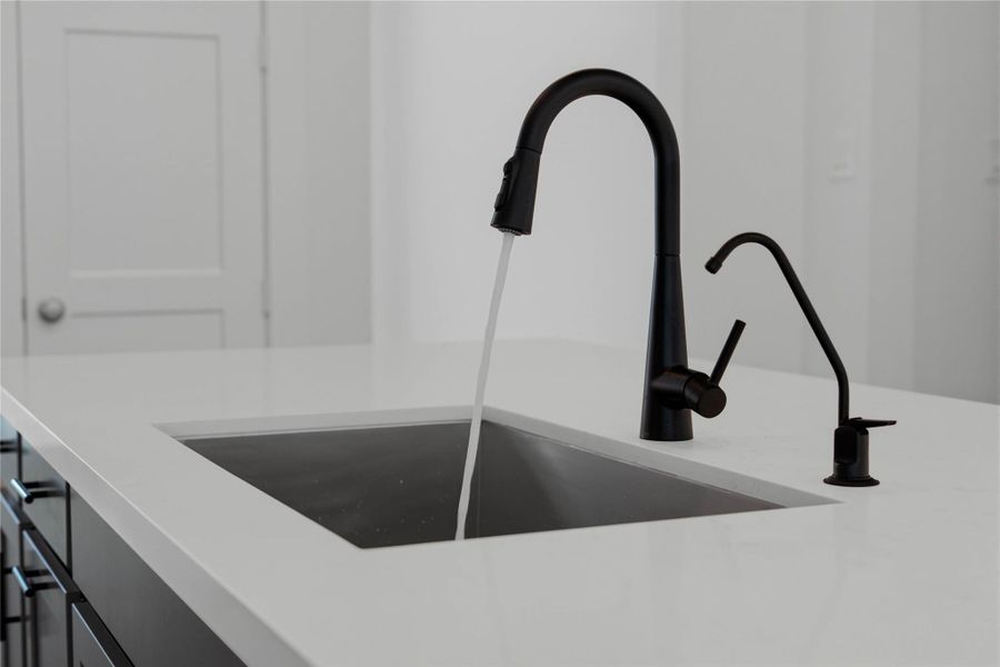 The expansive center island serves as the ultimate focal point, featuring an under-mount sink, matte black gooseneck faucet, and water filtration spout. The expansive center island serves as the ultimate focal point, featuring an under-mount sink, matte black gooseneck faucet, and water filtration spout.