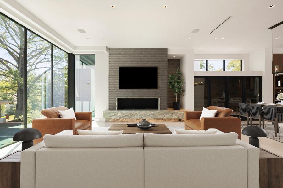 Living room with a large fireplace, virtually staged