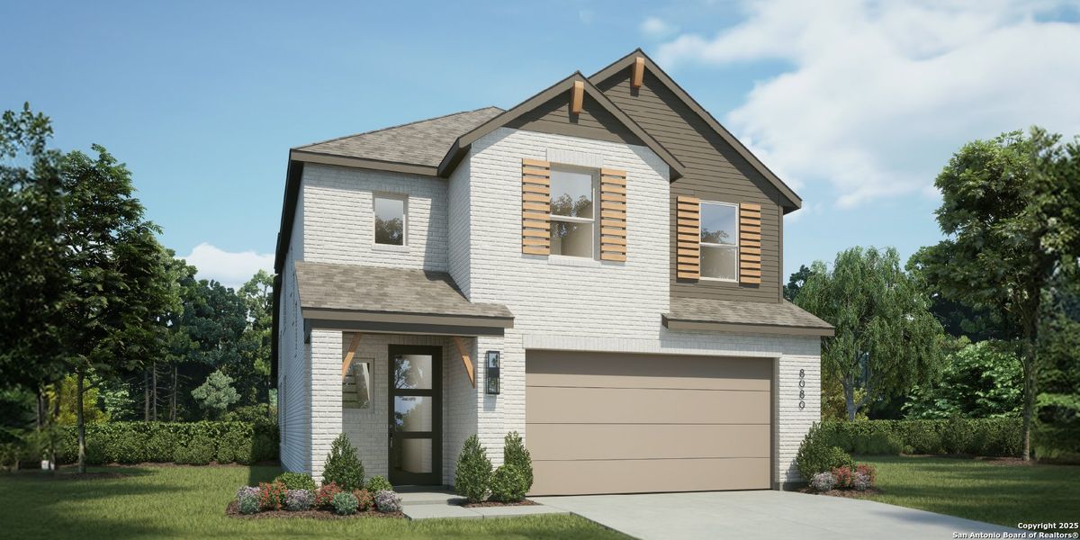 Front exterior of a new home in VIDA, San Antonio, TX, highlighting curb appeal (Image 1). Front exterior of a new home in VIDA, San Antonio, TX, highlighting curb appeal (Image 1).