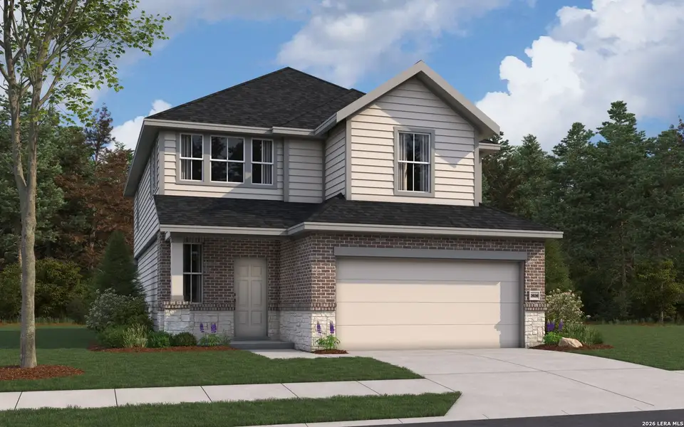 Front exterior of a new home in Hunters Ranch, San Antonio, TX, highlighting curb appeal (Image 1). Front exterior of a new home in Hunters Ranch, San Antonio, TX, highlighting curb appeal (Image 1).