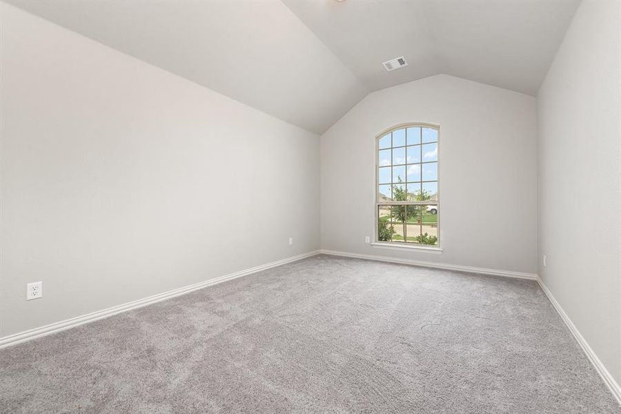 Empty room featuring carpet floors and lofted ceiling