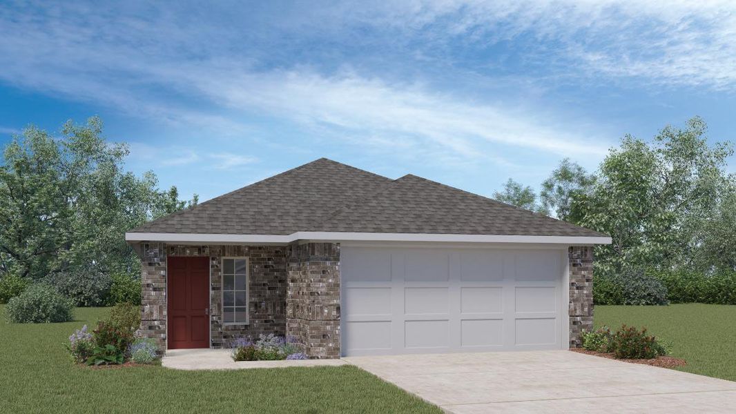 Front exterior of a new home in Carillon, Manor, TX, highlighting curb appeal (Image 1). Front exterior of a new home in Carillon, Manor, TX, highlighting curb appeal (Image 1).