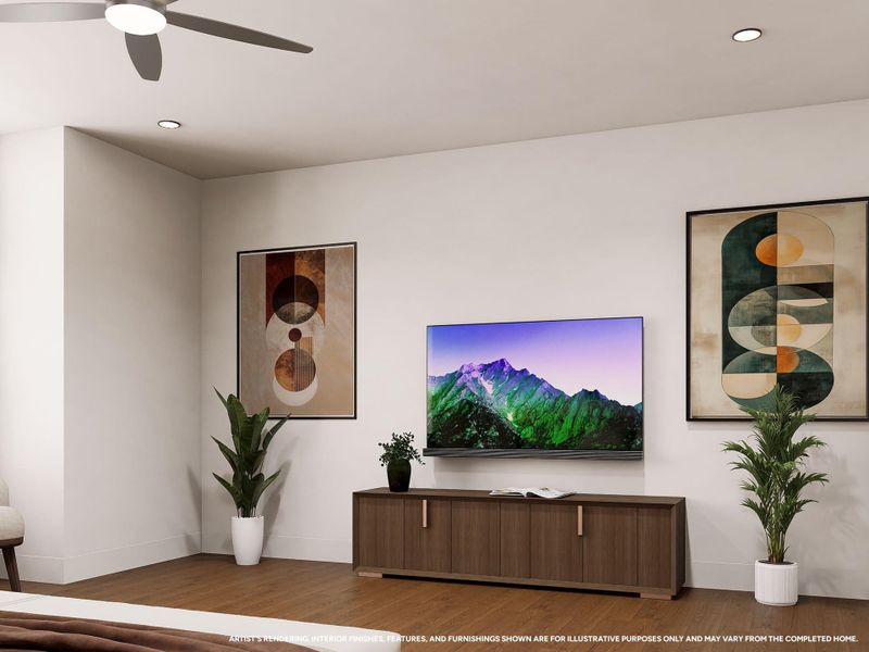 The spacious primary bedroom showcases the thoughtful design behind The Langford, offering a refined retreat with room for a variety of furnishings, personal touches, and moments of relaxation. Elegant details and a welcoming ambiance create a space that feels both luxurious and livable. Image depicts artist's rendering; see New Home Sales Consultant for details.