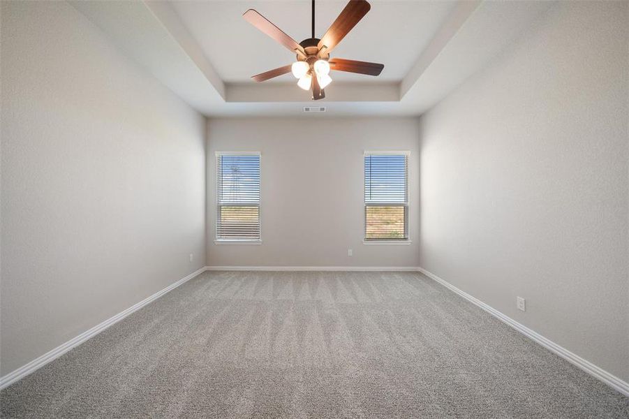 Unfurnished room featuring a raised ceiling, light colored carpet, and a ceiling fan Unfurnished room featuring a raised ceiling, light colored carpet, and a ceiling fan