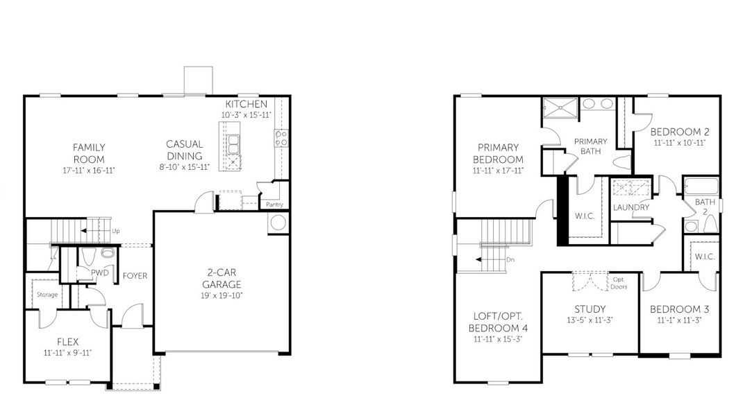 2D floor plan layout for the Prelude - 17200 by Dream Finders Homes in Idle Reserve, Shelbyville, TN (Image 3).