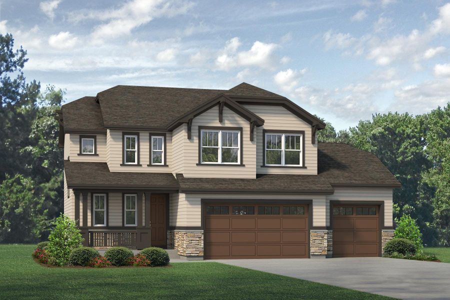 Representative exterior photo of a completed home built from the Keystone II by Landsea Homes in Highlands Preserve, Mead, CO (Image 16). Representative exterior photo of a completed home built from the Keystone II by Landsea Homes in Highlands Preserve, Mead, CO (Image 16).