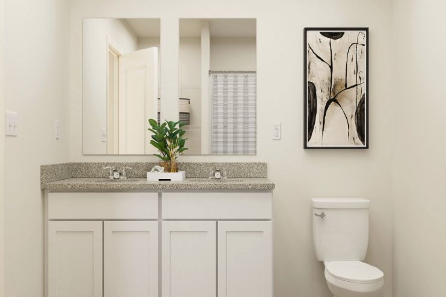 A bathroom with a plant on the counter. A bathroom with a plant on the counter.