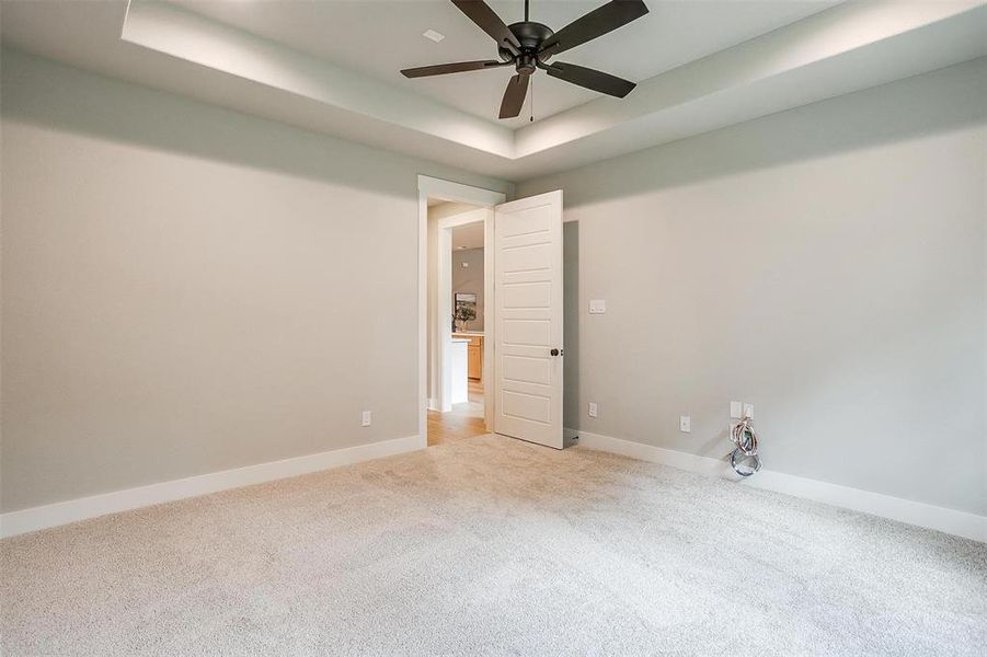 Unfurnished bedroom with a raised ceiling, baseboards, a ceiling fan, and light colored carpet Unfurnished bedroom with a raised ceiling, baseboards, a ceiling fan, and light colored carpet