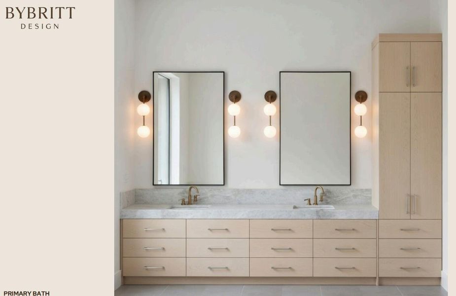 Dual vanities with polished marble counters and sleek fixtures create a serene bathing environment.