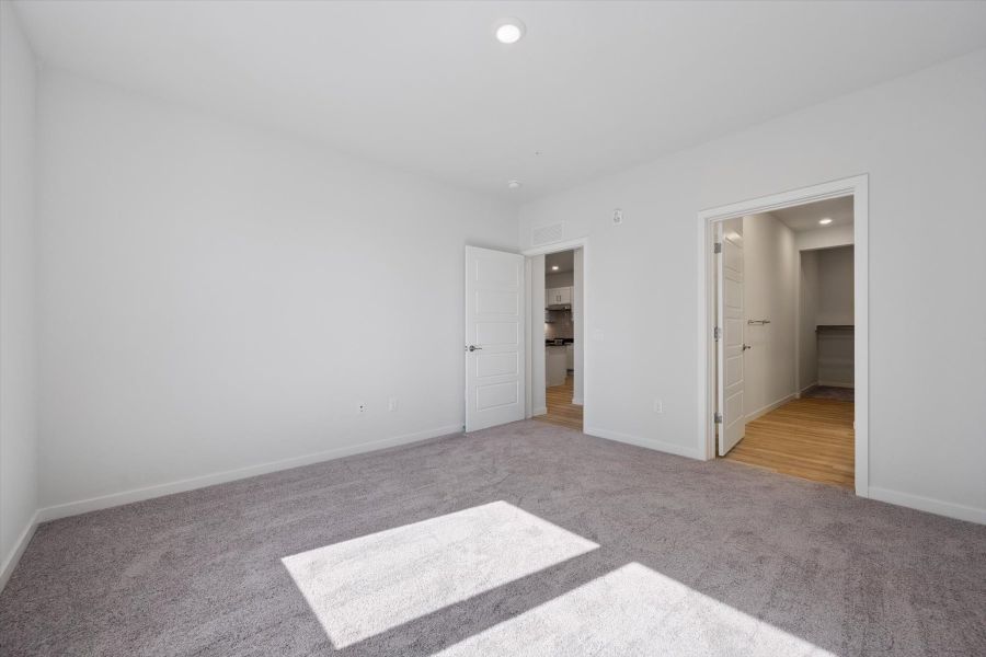 A hallway with white doors. A hallway with white doors.