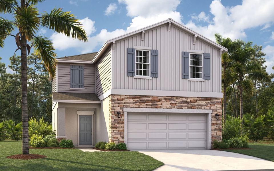 Front exterior of a new home in Oakfield Trails, Parrish, FL, highlighting curb appeal (Image 23). Front exterior of a new home in Oakfield Trails, Parrish, FL, highlighting curb appeal (Image 23).