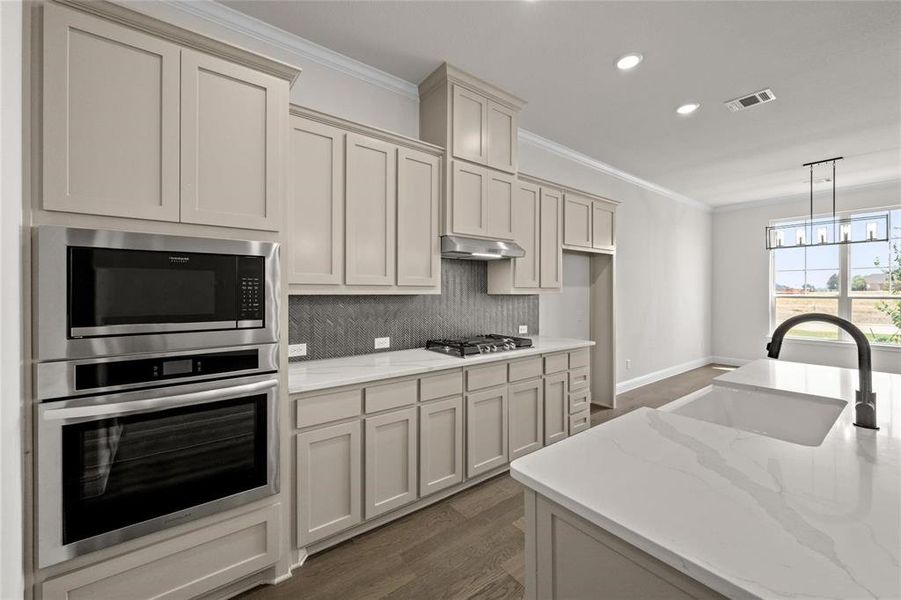 Kitchen with sink, exhaust hood, stainless steel appliances, dark hardwood / wood-style floors, and crown molding