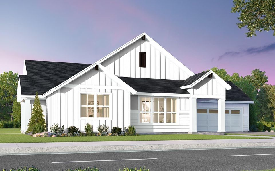 Modern farmhouse featuring board and batten siding, an attached garage, a lawn, and a shingled roof