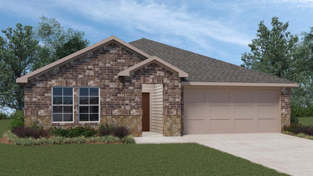 Front exterior of a new home in Woodcreek, Fate, TX, highlighting curb appeal (Image 1).