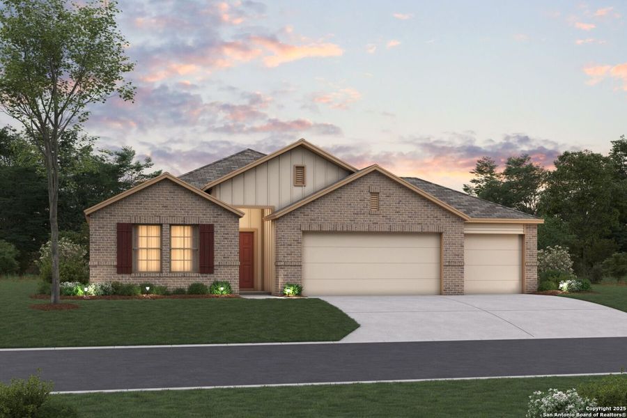 Front exterior of a new home in Jordan's Ranch, San Antonio, TX, highlighting curb appeal (Image 1).