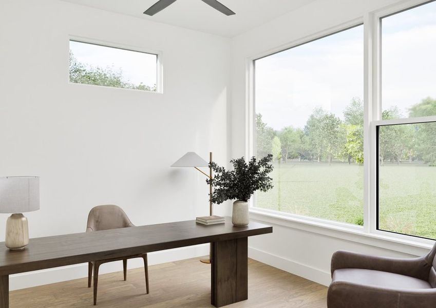 3 Minimalist office with large windows showing a green landscape. Features a wooden desk, beige chair, table lamp, and plant. Bright, peaceful atmosphere.