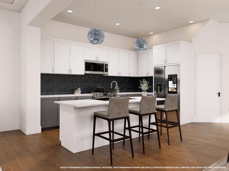 A stunning combination of style and purpose, The Langford kitchen showcases a contemporary design with clean lines, premium details, and a layout that flows naturally into the dining and living areas. Every element is carefully considered to create a space that feels elevated yet welcoming. Image depicts artist's rendering; see New Home Sales Consultant for details.