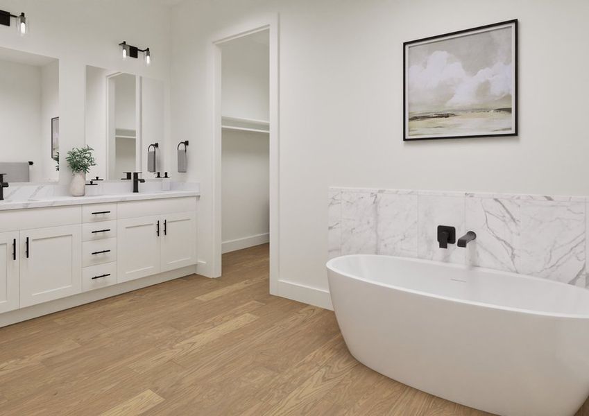 5 Modern bathroom with a freestanding white tub and marbled tile backsplash. A double vanity with black fixtures and a plant adds elegance. Wooden floor, serene artwork.