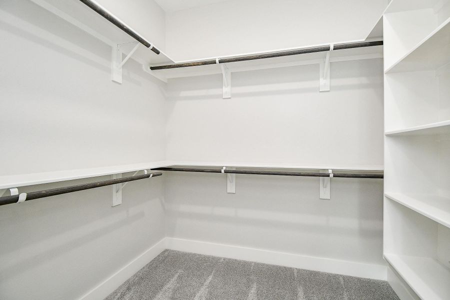 This is a spacious walk-in closet featuring ample shelving on one side and dual-level hanging rods on the other, all complemented by neutral carpeting and a clean, modern design. This is a spacious walk-in closet featuring ample shelving on one side and dual-level hanging rods on the other, all complemented by neutral carpeting and a clean, modern design.