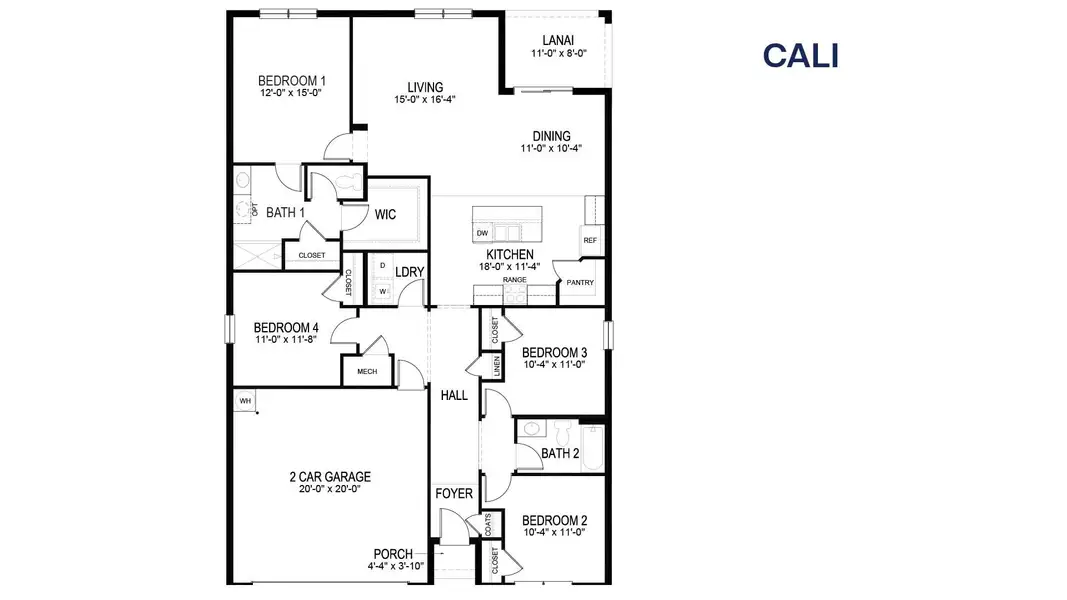 2D floor plan layout for the Cali by D.R. Horton in Okeechobee Spot Lots, Okeechobee, FL (Image 3).