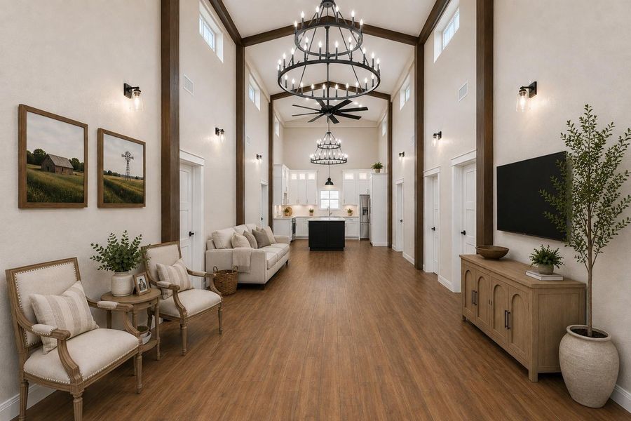This photo showcases a modern, open-concept living area with high ceilings and elegant chandeliers. The space features beautiful tile wood-style flooring and ample natural light, providing a warm and inviting atmosphere. The view extends to a kitchen area with a central island, perfect for entertaining. AI decorated photo. This photo showcases a modern, open-concept living area with high ceilings and elegant chandeliers. The space features beautiful tile wood-style flooring and ample natural light, providing a warm and inviting atmosphere. The view extends to a kitchen area with a central island, perfect for entertaining. AI decorated photo.