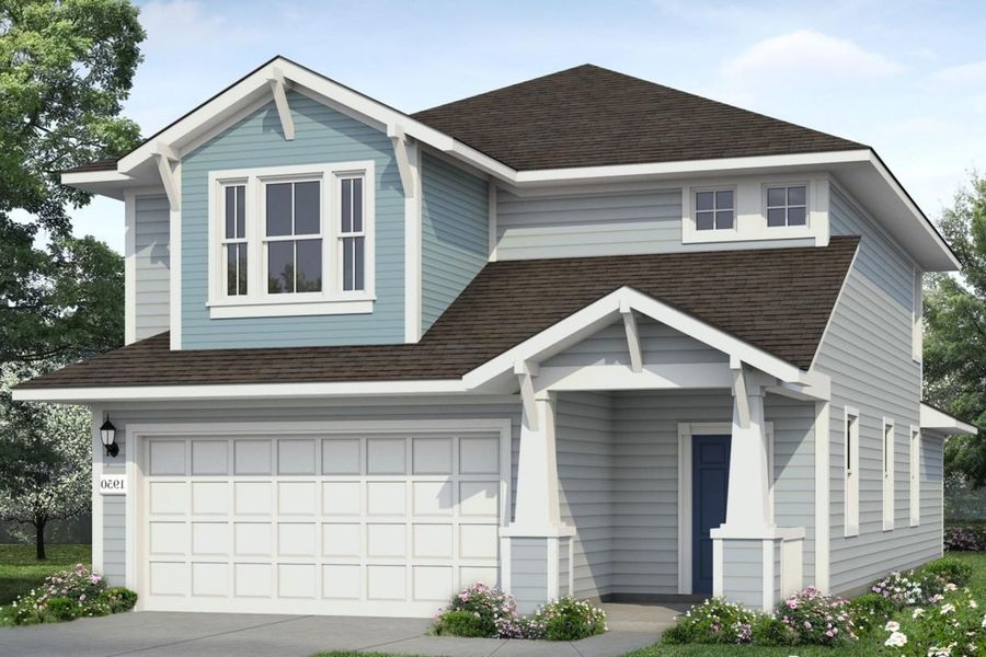 Image of a two story blue house rendering with a white garage and trim, and a royal blue front door Image of a two story blue house rendering with a white garage and trim, and a royal blue front door