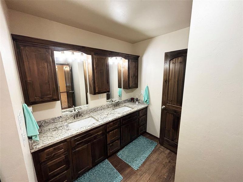 Full bathroom with dark wood-type flooring and double vanity Full bathroom with dark wood-type flooring and double vanity
