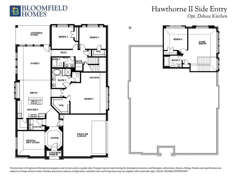 Bloomfield Homes Hawthorne II Side Entry floor plan with 4 bedrooms, game room, kitchen, and two-car garage across two floors. Bloomfield Homes Hawthorne II Side Entry floor plan with 4 bedrooms, game room, kitchen, and two-car garage across two floors.