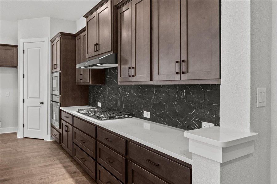 Kitchen featuring under cabinet range hood, stainless steel gas cooktop, tasteful backsplash, light wood finished floors, and dark brown cabinetry Kitchen featuring under cabinet range hood, stainless steel gas cooktop, tasteful backsplash, light wood finished floors, and dark brown cabinetry