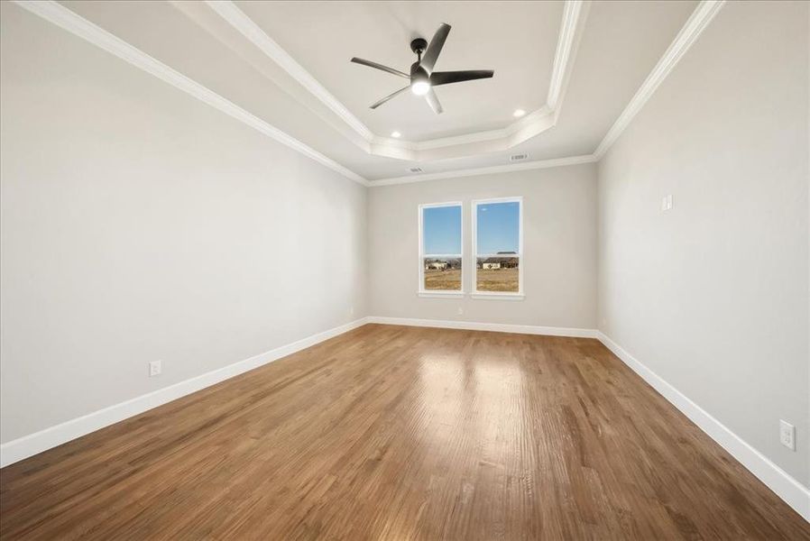 Spare room featuring hardwood / wood-style floors, ornamental molding, a raised ceiling, and ceiling fan