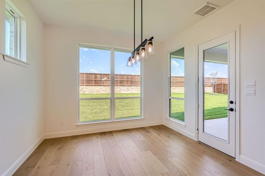 Unfurnished dining area featuring a healthy amount of sunlight and light wood-type flooring