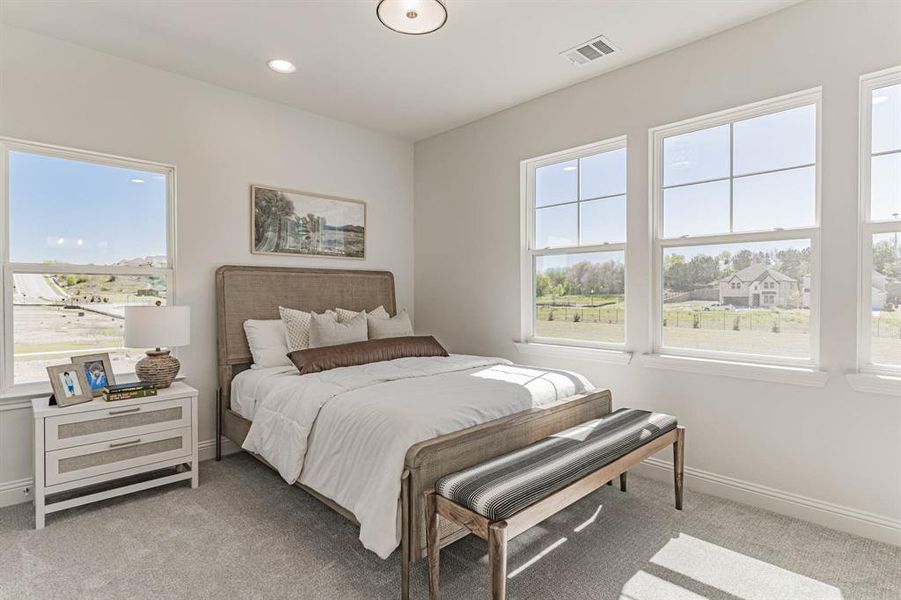 Carpeted bedroom featuring multiple windows