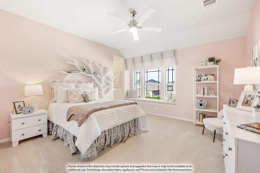 Children's bedroom with pink walls, vaulted ceiling, window seat, and white furniture including bookshelf and desk Children's bedroom with pink walls, vaulted ceiling, window seat, and white furniture including bookshelf and desk