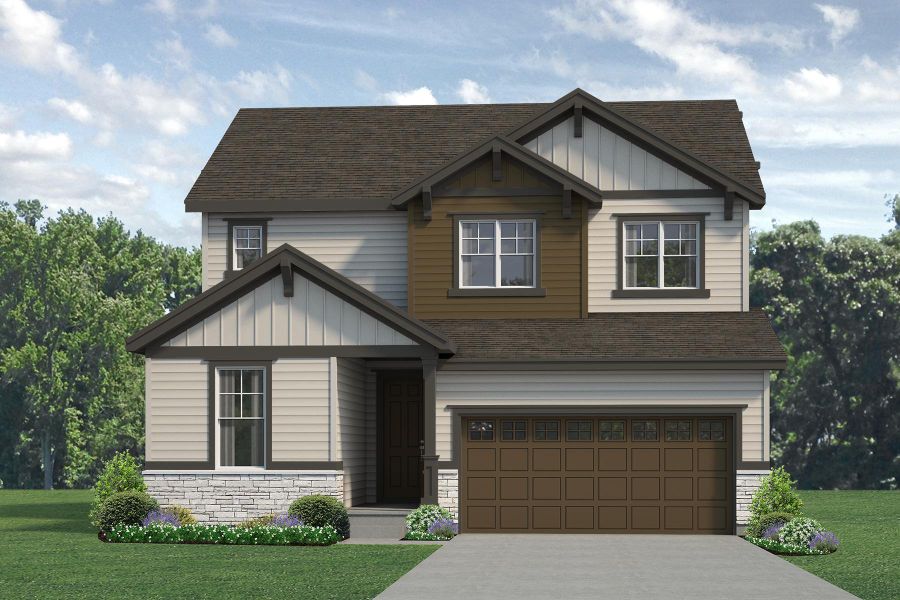 Representative exterior photo of a completed home built from the Jackson by Risewell Homes in Highlands Preserve, Mead, CO (Image 6). Representative exterior photo of a completed home built from the Jackson by Risewell Homes in Highlands Preserve, Mead, CO (Image 6).