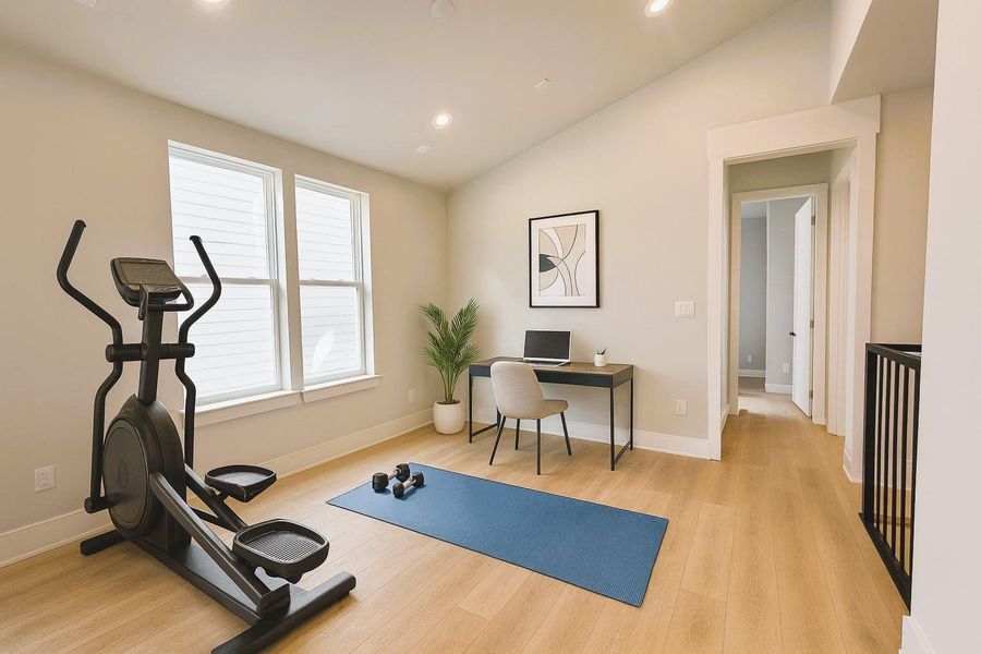 Primary Bedroom Has Vaulted Ceilings. Game Room/Loft/Flex Space is at the Perfect Location - Separates the Primary Bedroom vs the Guest Bedrooms(Picture was Virtually there is no flooring in this room) Primary Bedroom Has Vaulted Ceilings. Game Room/Loft/Flex Space is at the Perfect Location - Separates the Primary Bedroom vs the Guest Bedrooms(Picture was Virtually there is no flooring in this room)