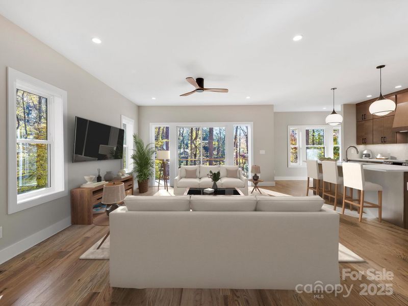 Spacious living area overlooking forest