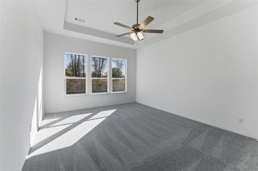 Empty room with carpet, a ceiling fan, and a raised ceiling