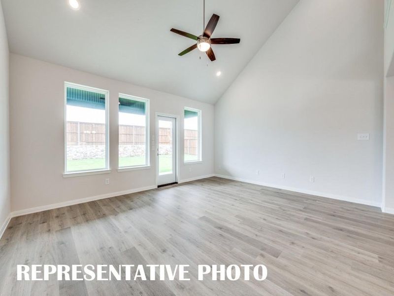 With easy access from the family room to the covered back patio, you'll enjoy easy indoor-outdoor living in this lovely home.  REPRESENTATIVE PHOTO