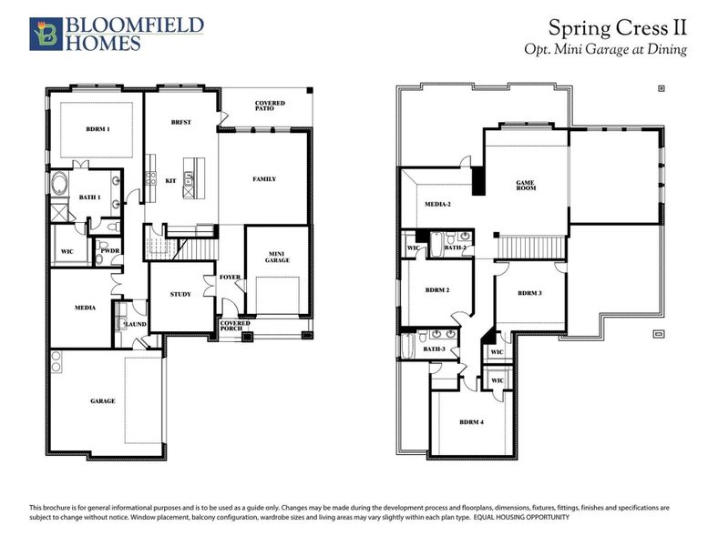 Bloomfield Homes Spring Cress II two-story floor plan with four bedrooms, game room, study, and optional mini garage.