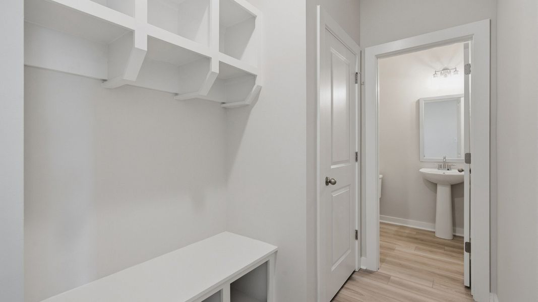 Convenient dropoff in hallway next to bathroom
