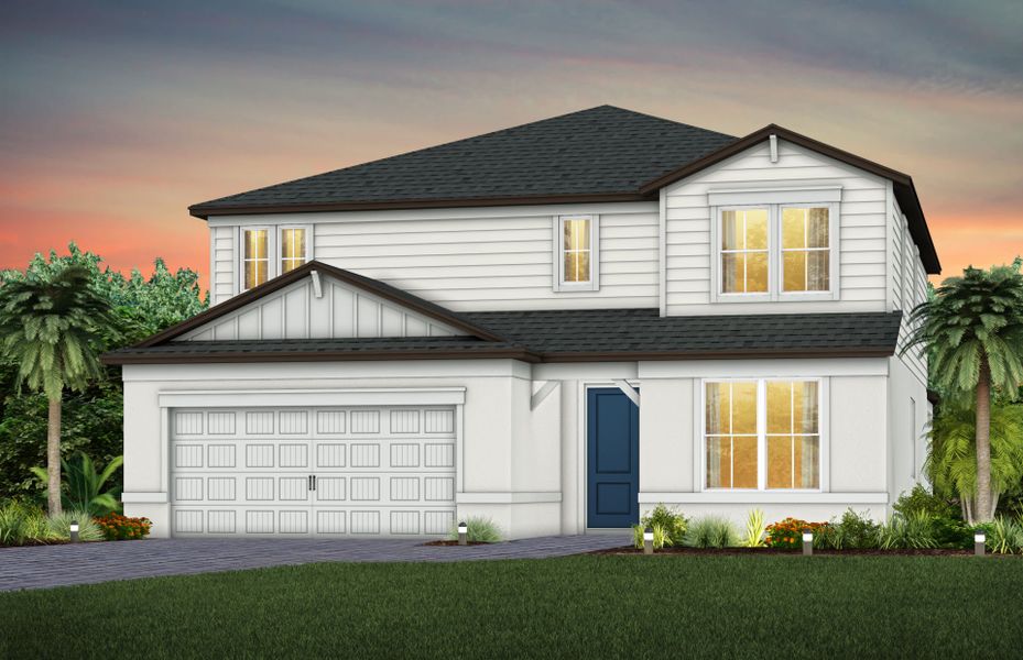Front exterior of a new home in Reagan Landing, Bradenton, FL, highlighting curb appeal (Image 2). Front exterior of a new home in Reagan Landing, Bradenton, FL, highlighting curb appeal (Image 2).