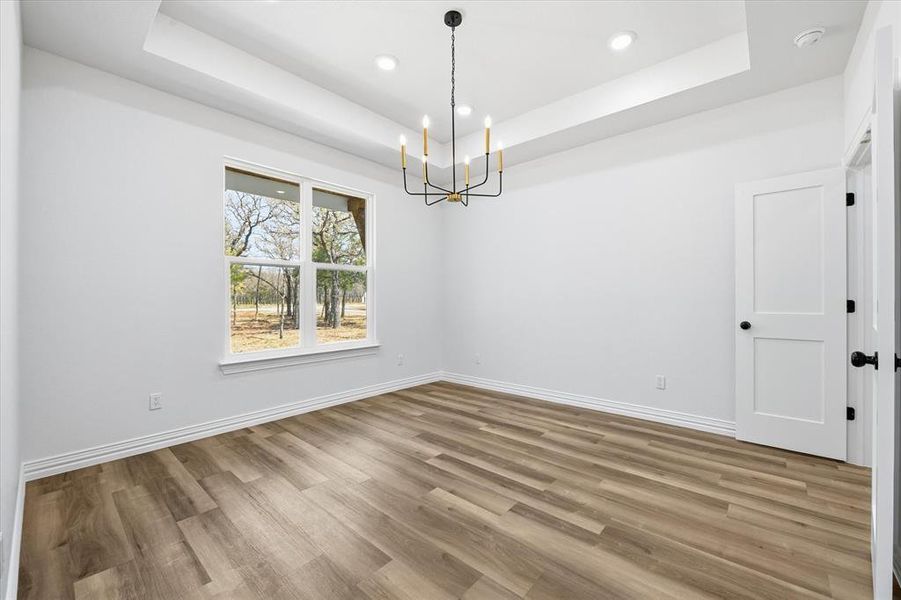 Unfurnished room featuring a raised ceiling, a chandelier, and light wood finished floors