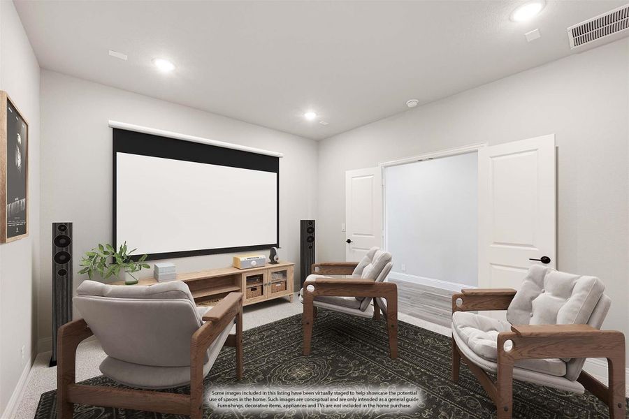 Home theater room with large projection screen, wood-framed chairs, and floor speakers on patterned rug Home theater room with large projection screen, wood-framed chairs, and floor speakers on patterned rug