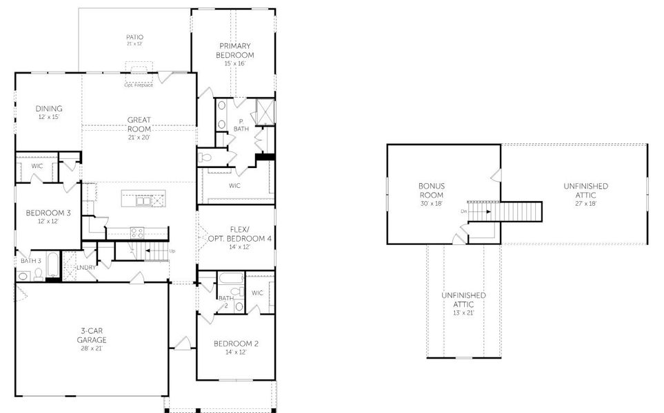2D floor plan layout for the Mason + Bonus Room - Single Family Homes by Dream Finders Homes in Tidewater at Lakes of Cane Bay, Summerville, SC (Image 5).