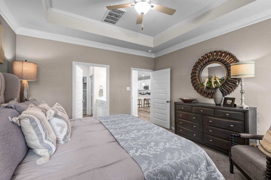 The Sparrow II- Primary Suite, Tray Ceiling not Included. Sample image for illustration; upgrades, options, and colors may vary. The Sparrow II- Primary Suite, Tray Ceiling not Included. Sample image for illustration; upgrades, options, and colors may vary.