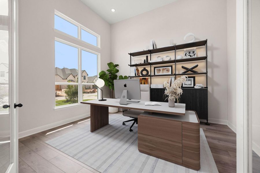 Sophisticated home office offering the perfect work-from-home sanctuary. Dramatic double glass French doors open into this bright study, highlighted by towering front-facing windows that maximize natural light. High ceilings, beautiful wide-plank wood-look flooring, and a generous floor plan provide ample room for custom built-ins, executive desks, or a cozy reading nook. *Virtually Staged Sophisticated home office offering the perfect work-from-home sanctuary. Dramatic double glass French doors open into this bright study, highlighted by towering front-facing windows that maximize natural light. High ceilings, beautiful wide-plank wood-look flooring, and a generous floor plan provide ample room for custom built-ins, executive desks, or a cozy reading nook. *Virtually Staged